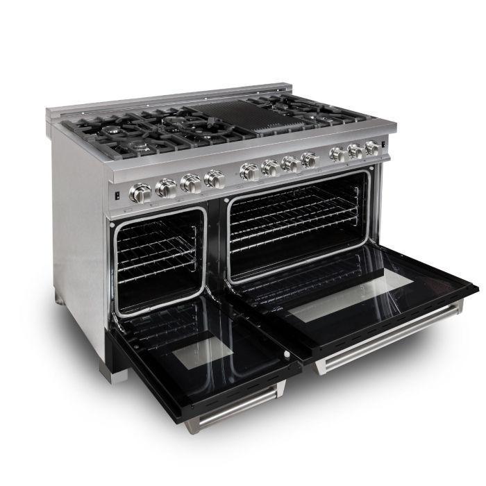 ZLINE Appliance Package - 48" Dual Fuel Range with Black Matte Door and Convertible Vent Range Hood in Satin Stainless Steel, 2KP-RASBLMRH48