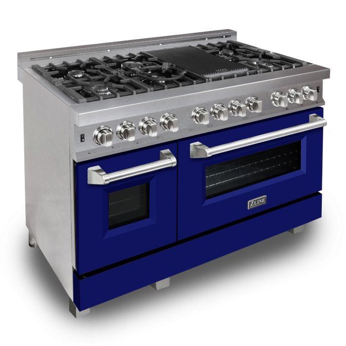 ZLINE 48 in. 6.0 cu. ft. Legacy Dual Fuel Range with 7 Burner Gas Cooktop and Double Electric Ovens in Satin Stainless Steel with Blue Matte Doors (RAS-BM-48)