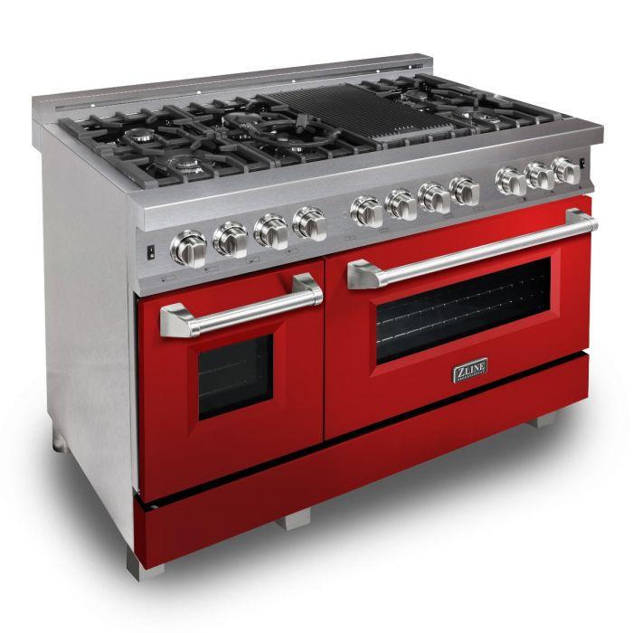 ZLINE 48 in. Legacy Dual Fuel Range, 6.0 cu. ft., 7 Burner Gas Cooktop, Double Electric Ovens, Satin Stainless Steel with Red Gloss Doors (RAS-RG-48)