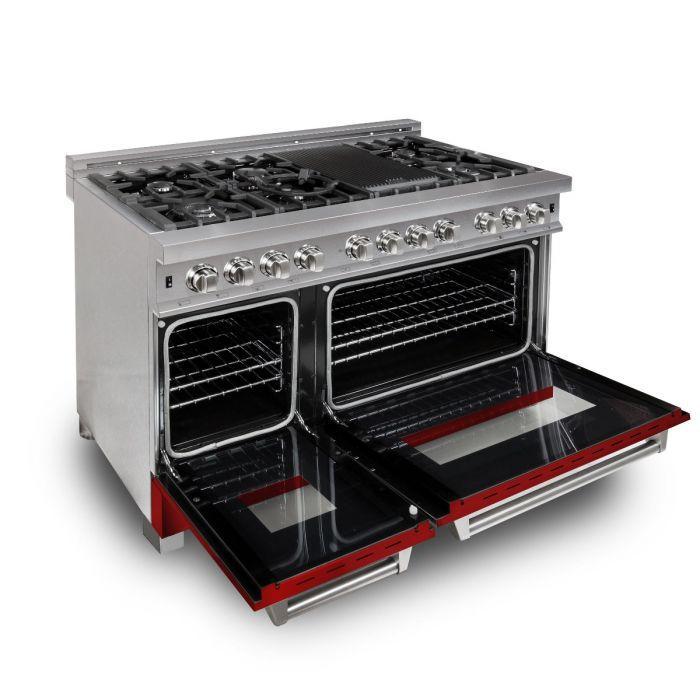 ZLINE 48 in. Legacy Dual Fuel Range, 6.0 cu. ft., 7 Burner Gas Cooktop, Double Electric Ovens, Satin Stainless Steel with Red Gloss Doors (RAS-RG-48)