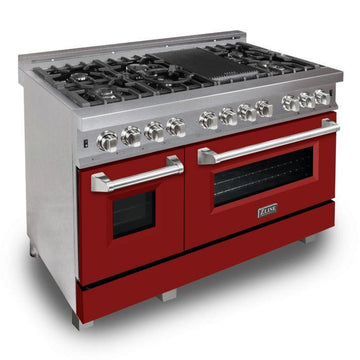 ZLINE 48 in. Legacy Dual Fuel Range, 6.0 cu. ft., 7 Burner Gas Cooktop, Double Electric Ovens, Satin Stainless Steel with Red Matte Doors (RAS-RM-48)