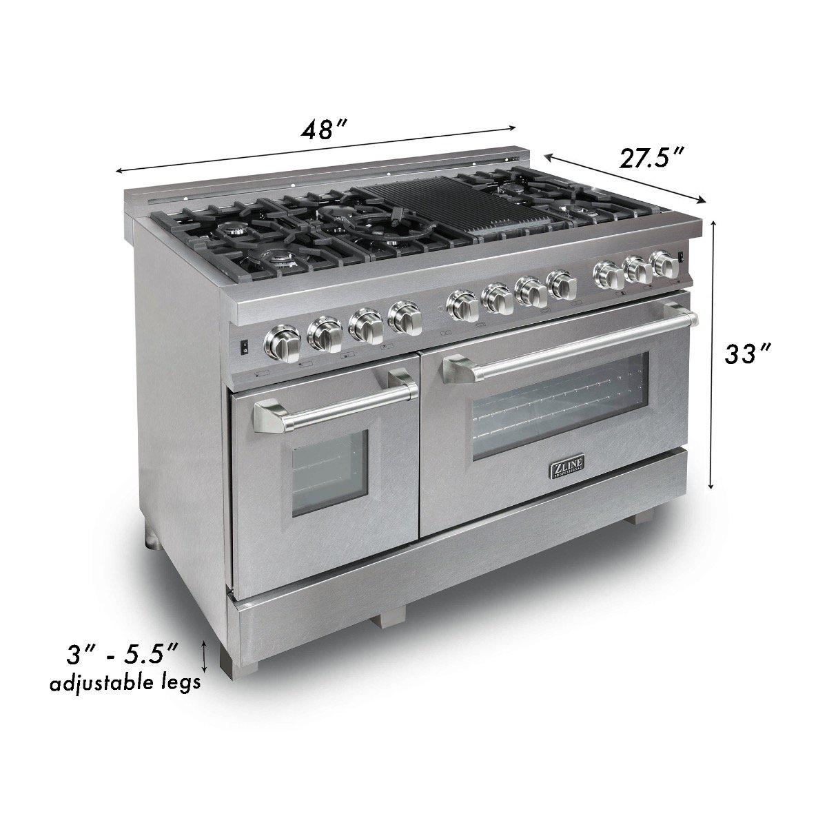 ZLINE 48 in. Legacy Dual Fuel Range, 6.0 cu. ft., 7 Burner Gas Cooktop, Double Electric Ovens, Satin Stainless Steel with Red Gloss Doors (RAS-RG-48)