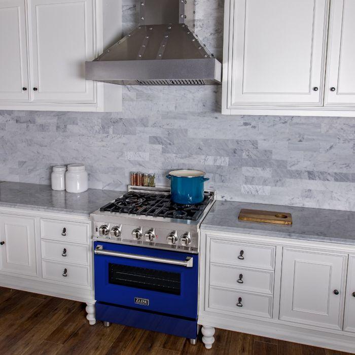ZLINE 30" Professional Dual Fuel Range with 4 Gas Burners and Electric Convection Oven in Stainless Steel with Blue Gloss Door (RA-BG-30)