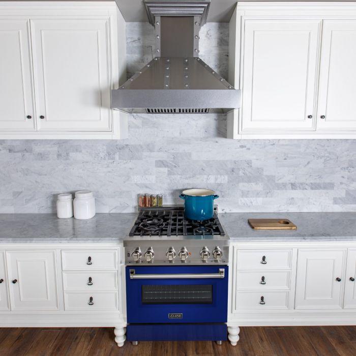 ZLINE 30" Professional Dual Fuel Range with 4 Gas Burners and Electric Convection Oven in Stainless Steel with Blue Gloss Door (RA-BG-30)