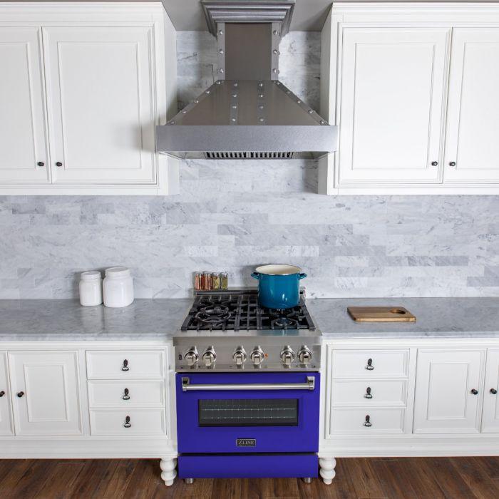 ZLINE 30 in Dual Fuel Range with 4-Burner Gas Cooktop and Electric Convection Oven, Blue Matte Door, Stainless Steel (RA-BM-30)