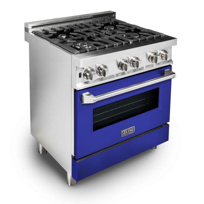 ZLINE 30 in Dual Fuel Range with 4-Burner Gas Cooktop and Electric Convection Oven, Blue Matte Door, Stainless Steel (RA-BM-30)