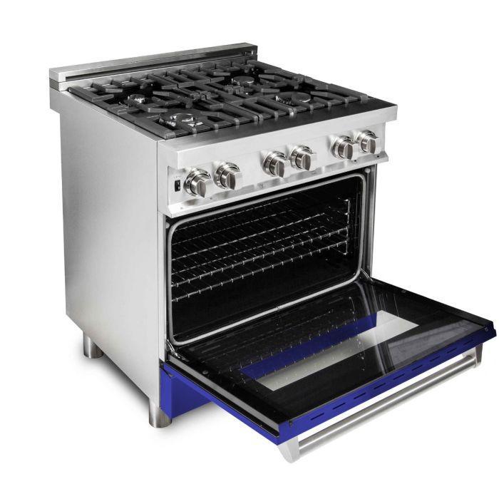 ZLINE 30 in Dual Fuel Range with 4-Burner Gas Cooktop and Electric Convection Oven, Blue Matte Door, Stainless Steel (RA-BM-30)