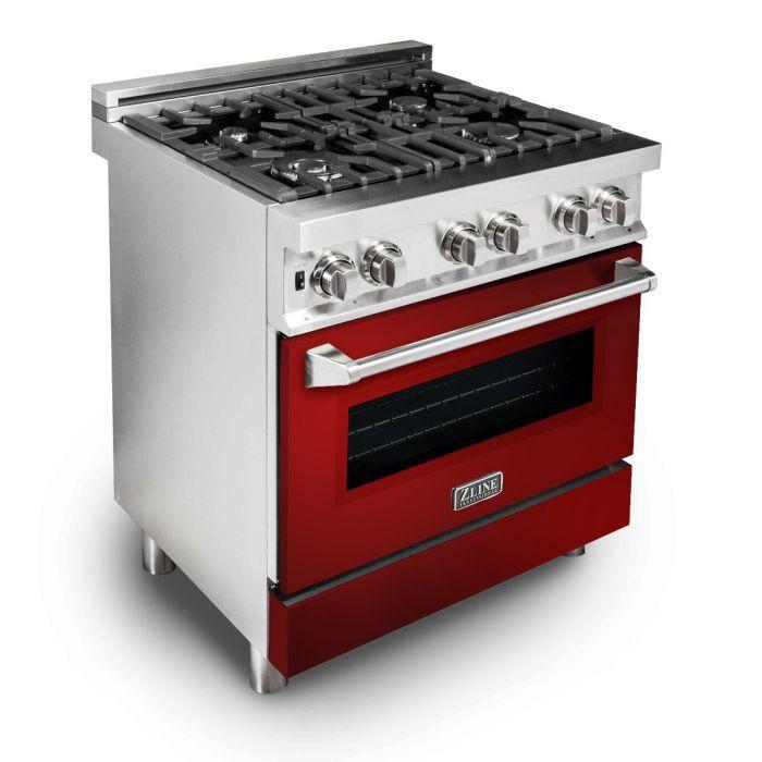ZLINE 30" Professional Dual Fuel Range with 4 Gas Burners and Electric Oven in Stainless Steel with Red Gloss Door (RA-RG-30)