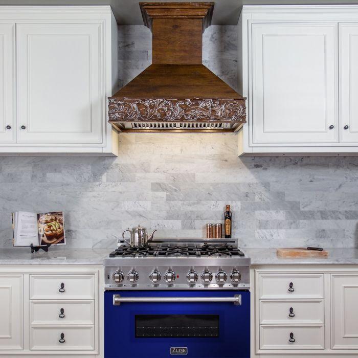 ZLINE 36 in. Dual Fuel Range with 6 Gas Burners and Electric Convection Oven in Stainless Steel with Blue Gloss Door (RA-BG-36)