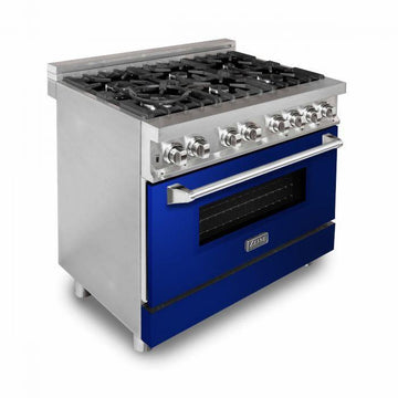ZLINE 36 in. Dual Fuel Range with 6 Gas Burners and Electric Convection Oven in Stainless Steel with Blue Gloss Door (RA-BG-36)