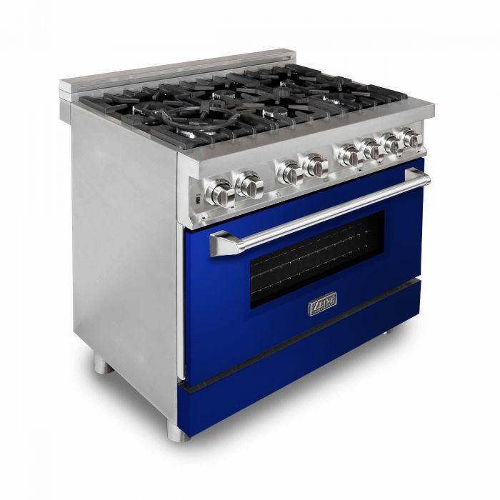 ZLINE 36 in. Dual Fuel Range with 6 Gas Burners and Electric Convection Oven in Stainless Steel with Blue Gloss Door (RA-BG-36)