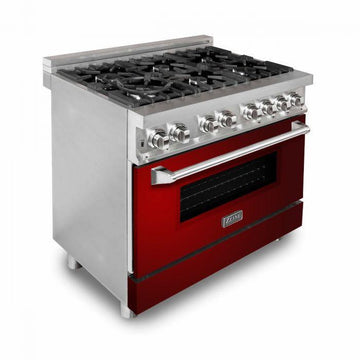 ZLINE 36" Professional Dual Fuel Range with 6-Burner Gas Cooktop and Electric Convection Oven in Stainless Steel with Red Gloss Door (RA-RG-36)