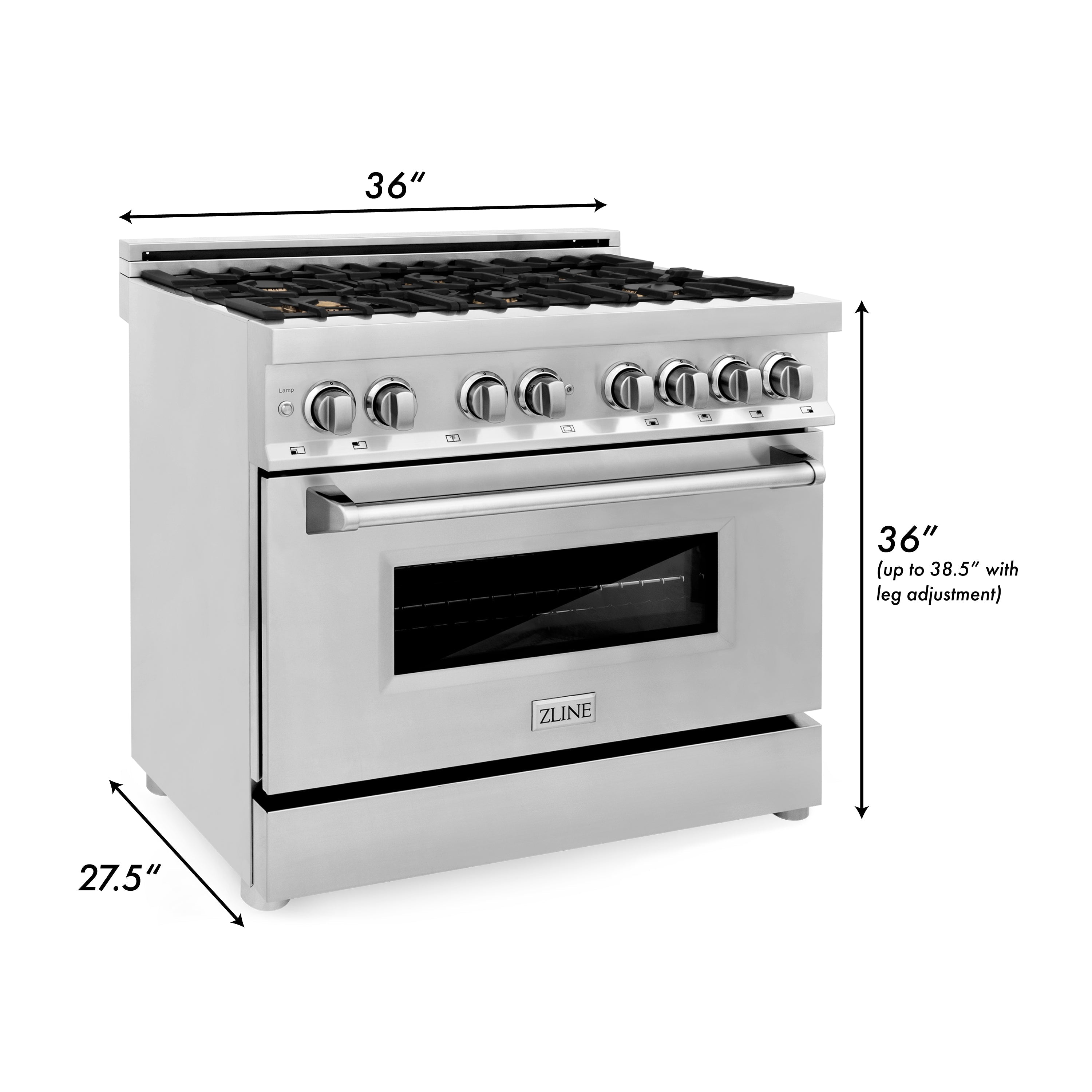 ZLINE 36 in. Dual Fuel Range with 6 Brass Gas Burners, Electric Convection Oven, Griddle, 4.6 cu. ft., Stainless Steel (RA-BR-GR-36)