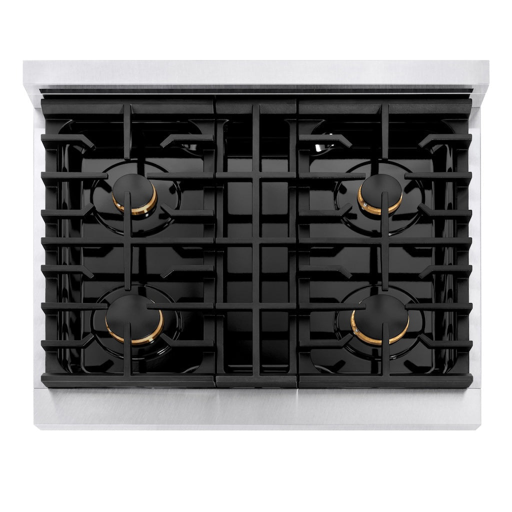 ZLINE 30-Inch Paramount Gas Range with Convection Gas Oven, 4 Brass Burners, 4.2 cu. ft., Satin Stainless Steel (SGRS-BR-30)