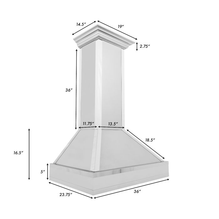 ZLINE 36" Wall Mount Range Hood – Satin Stainless Steel, Ducted, Mirror Accents, Designer Series (655MR-36)