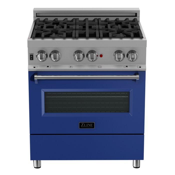 ZLINE 30 in. Legacy Dual Fuel Range with 4 Burner Gas Cooktop and Electric Convection Oven in Satin Stainless Steel with Blue Matte Door (RAS-BM-30)