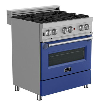ZLINE 30 in. Legacy Dual Fuel Range with 4 Burner Gas Cooktop and Electric Convection Oven in Satin Stainless Steel with Blue Matte Door (RAS-BM-30)