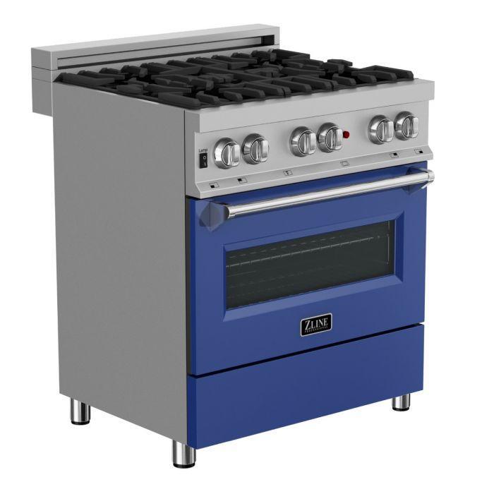 ZLINE 30 in. Legacy Dual Fuel Range with 4 Burner Gas Cooktop and Electric Convection Oven in Satin Stainless Steel with Blue Matte Door (RAS-BM-30)