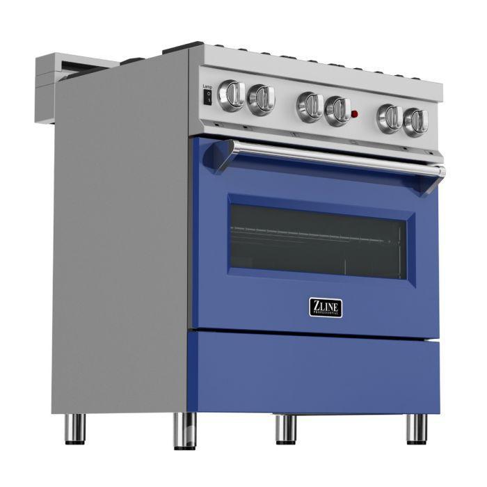 ZLINE 30 in. Legacy Dual Fuel Range with 4 Burner Gas Cooktop and Electric Convection Oven in Satin Stainless Steel with Blue Matte Door (RAS-BM-30)