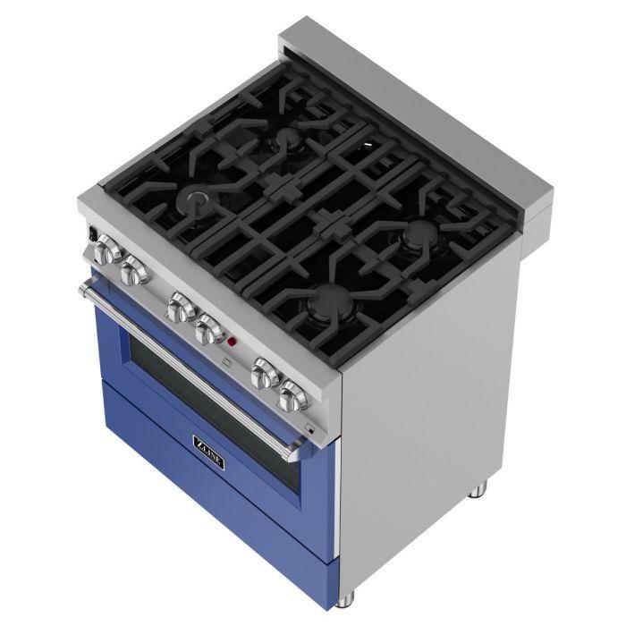 ZLINE 30 in. Legacy Dual Fuel Range with 4 Burner Gas Cooktop and Electric Convection Oven in Satin Stainless Steel with Blue Matte Door (RAS-BM-30)