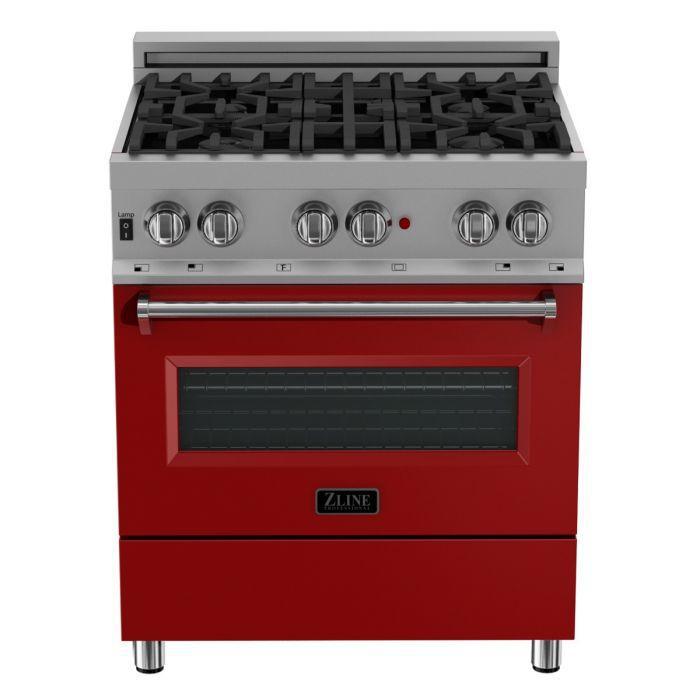 ZLINE Legacy 30 in. Dual Fuel Range with 4 Burners and Electric Convection Oven, 4.0 cu. ft., Satin Stainless Steel with Red Gloss Door (RAS-RG-30)