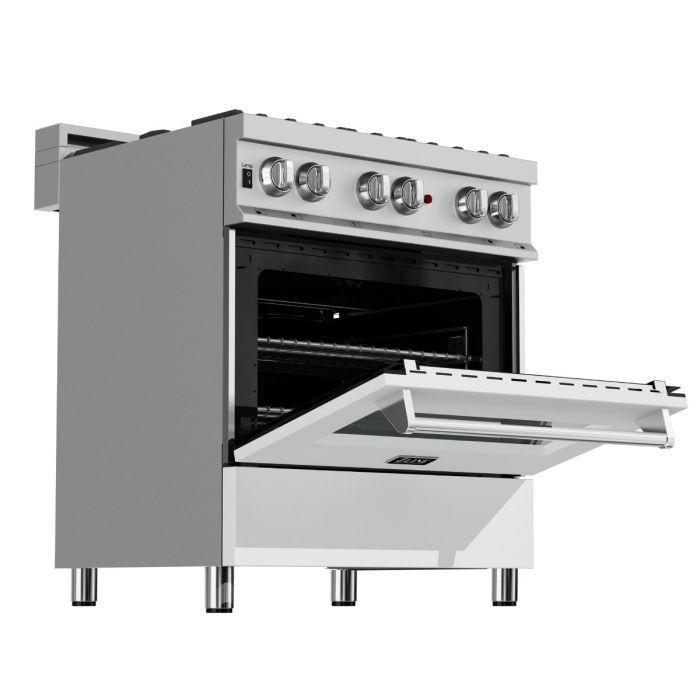 ZLINE Kitchen and Bath 30 in. Dual Fuel Range in Satin Stainless Steel with White Matte Door & 30 in. Range Hood Appliance Package, 2KP-RASWMRH30