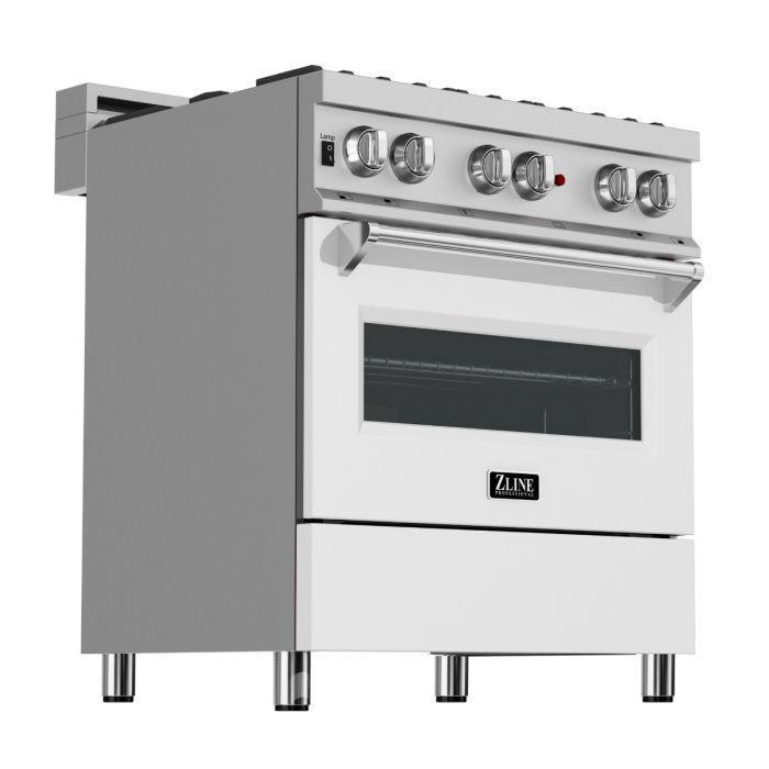 ZLINE Kitchen and Bath 30 in. Dual Fuel Range in Satin Stainless Steel with White Matte Door & 30 in. Range Hood Appliance Package, 2KP-RASWMRH30