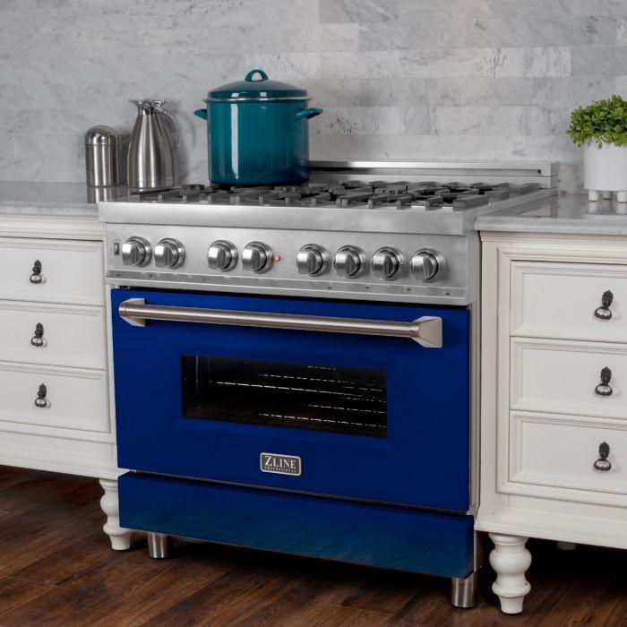ZLINE 36 in. Legacy Dual Fuel Range, 4.6 cu. ft., 6 Burner Gas Cooktop, Electric Convection Oven, Satin Stainless Steel with Blue Gloss Door (RAS-BG-36)