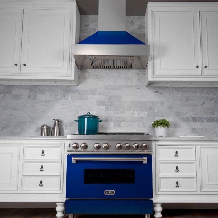 ZLINE 36 in. Legacy Dual Fuel Range, 4.6 cu. ft., 6 Burner Gas Cooktop, Electric Convection Oven, Satin Stainless Steel with Blue Gloss Door (RAS-BG-36)