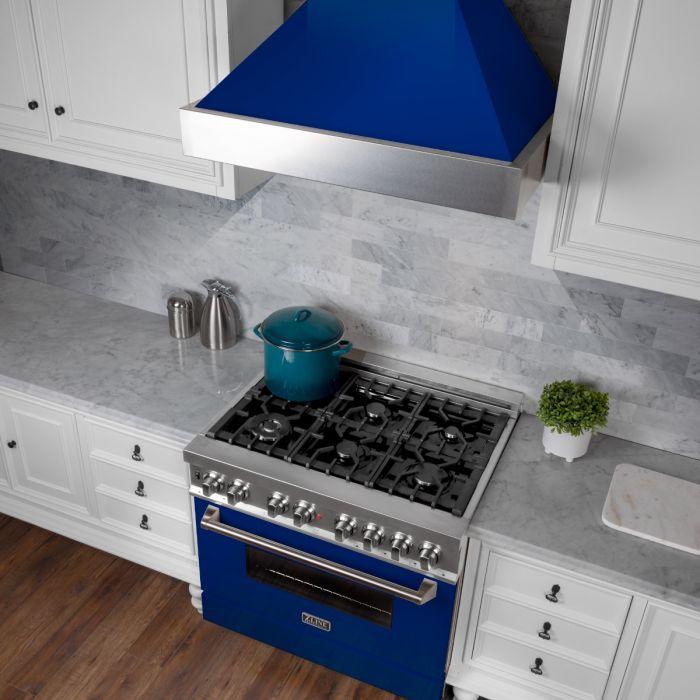 ZLINE 36 in. Legacy Dual Fuel Range, 4.6 cu. ft., 6 Burner Gas Cooktop, Electric Convection Oven, Satin Stainless Steel with Blue Gloss Door (RAS-BG-36)