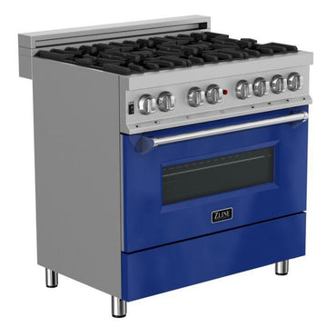 ZLINE 36 in. Legacy Dual Fuel Range, 4.6 cu. ft., 6 Burner Gas Cooktop, Electric Convection Oven, Satin Stainless Steel with Blue Gloss Door (RAS-BG-36)