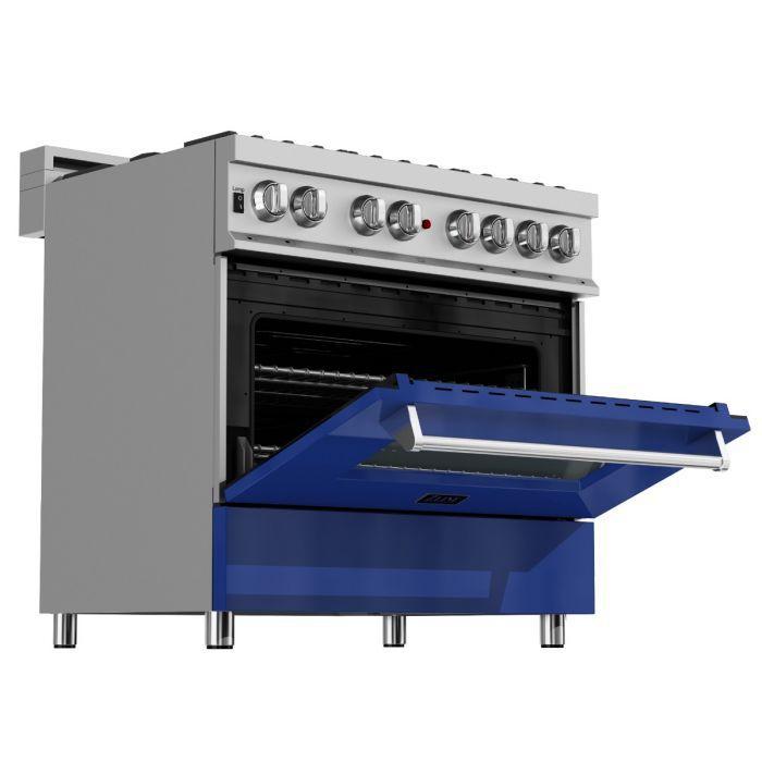 ZLINE 36 in. Legacy Dual Fuel Range, 4.6 cu. ft., 6 Burner Gas Cooktop, Electric Convection Oven, Satin Stainless Steel with Blue Gloss Door (RAS-BG-36)