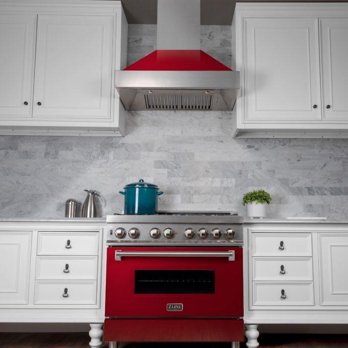 ZLINE Legacy 36" Dual Fuel Range, 4.6 cu. ft., 6-Burner Gas Cooktop, Electric Convection Oven, Satin Stainless Steel with Red Gloss Door (RAS-RG-36)