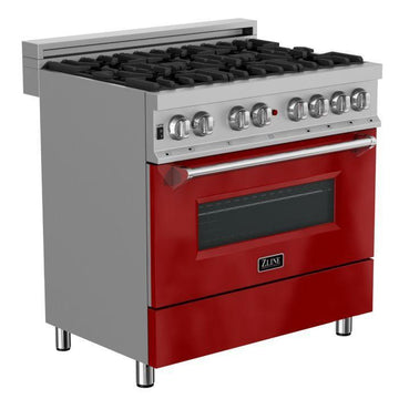 ZLINE Legacy 36" Dual Fuel Range, 4.6 cu. ft., 6-Burner Gas Cooktop, Electric Convection Oven, Satin Stainless Steel with Red Gloss Door (RAS-RG-36)