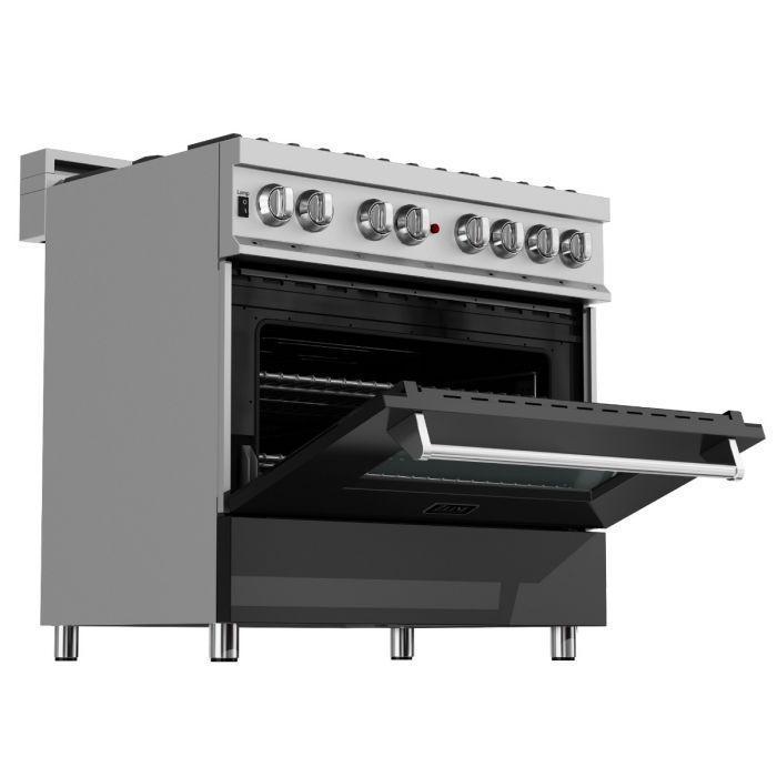 ZLINE 36" Dual Fuel Range in Satin Stainless Steel with Black Matte Door & 36" Range Hood Appliance Package, 2KP-RASBLMRH36