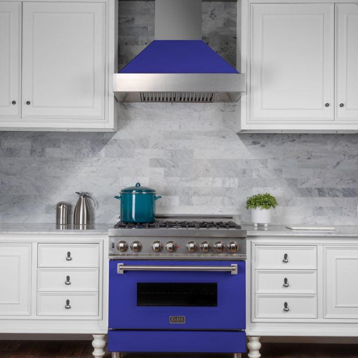 ZLINE 36-Inch Legacy Dual Fuel Range, 4.6 cu. ft., 6 Burner Gas Cooktop with Electric Convection Oven, Satin Stainless Steel with Blue Matte Door, Model RAS-BM-36