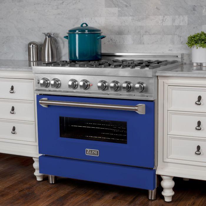 ZLINE 36-Inch Legacy Dual Fuel Range, 4.6 cu. ft., 6 Burner Gas Cooktop with Electric Convection Oven, Satin Stainless Steel with Blue Matte Door, Model RAS-BM-36