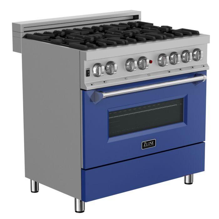 ZLINE 36-Inch Legacy Dual Fuel Range, 4.6 cu. ft., 6 Burner Gas Cooktop with Electric Convection Oven, Satin Stainless Steel with Blue Matte Door, Model RAS-BM-36