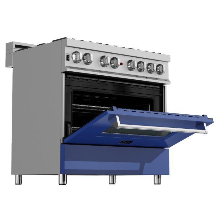 ZLINE 36-Inch Legacy Dual Fuel Range, 4.6 cu. ft., 6 Burner Gas Cooktop with Electric Convection Oven, Satin Stainless Steel with Blue Matte Door, Model RAS-BM-36