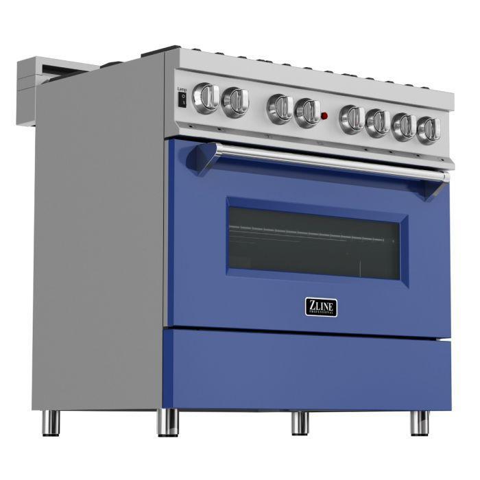 ZLINE 36-Inch Legacy Dual Fuel Range, 4.6 cu. ft., 6 Burner Gas Cooktop with Electric Convection Oven, Satin Stainless Steel with Blue Matte Door, Model RAS-BM-36