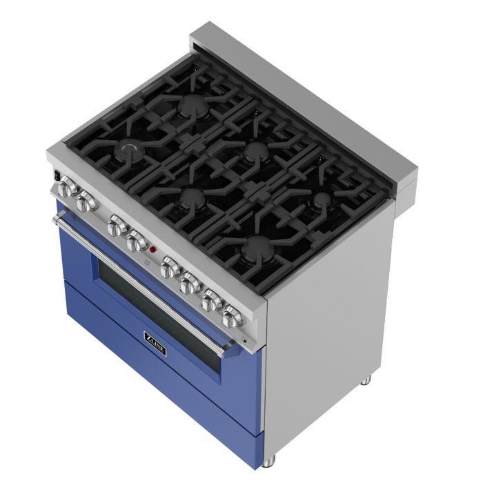 ZLINE 36 in. Legacy Dual Fuel Range, 4.6 cu. ft., 6 Burner Gas Cooktop, Electric Convection Oven, Satin Stainless Steel with Blue Gloss Door (RAS-BG-36)