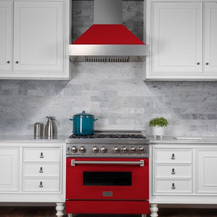ZLINE 36 in. Legacy Dual Fuel Range, 4.6 cu. ft., 6 Burner Gas Cooktop, Electric Convection Oven, Satin Stainless Steel with Red Matte Door (RAS-RM-36)