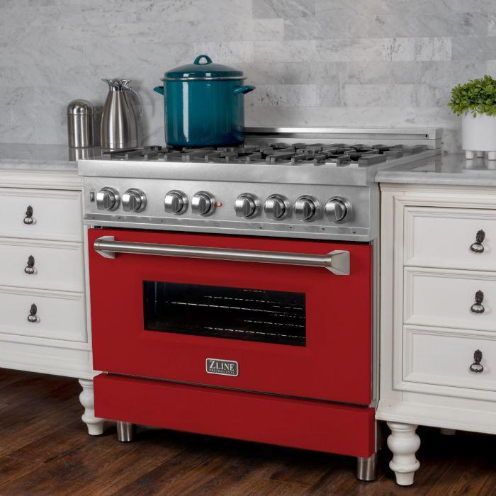 ZLINE 36 in. Legacy Dual Fuel Range, 4.6 cu. ft., 6 Burner Gas Cooktop, Electric Convection Oven, Satin Stainless Steel with Red Matte Door (RAS-RM-36)