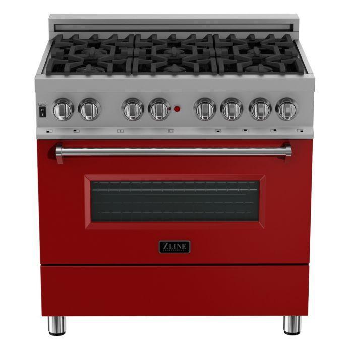 ZLINE 36 in. Legacy Dual Fuel Range, 4.6 cu. ft., 6 Burner Gas Cooktop, Electric Convection Oven, Satin Stainless Steel with Red Matte Door (RAS-RM-36)