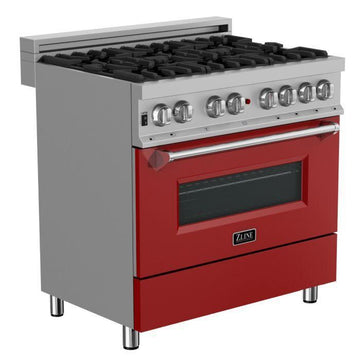 ZLINE 36 in. Legacy Dual Fuel Range, 4.6 cu. ft., 6 Burner Gas Cooktop, Electric Convection Oven, Satin Stainless Steel with Red Matte Door (RAS-RM-36)
