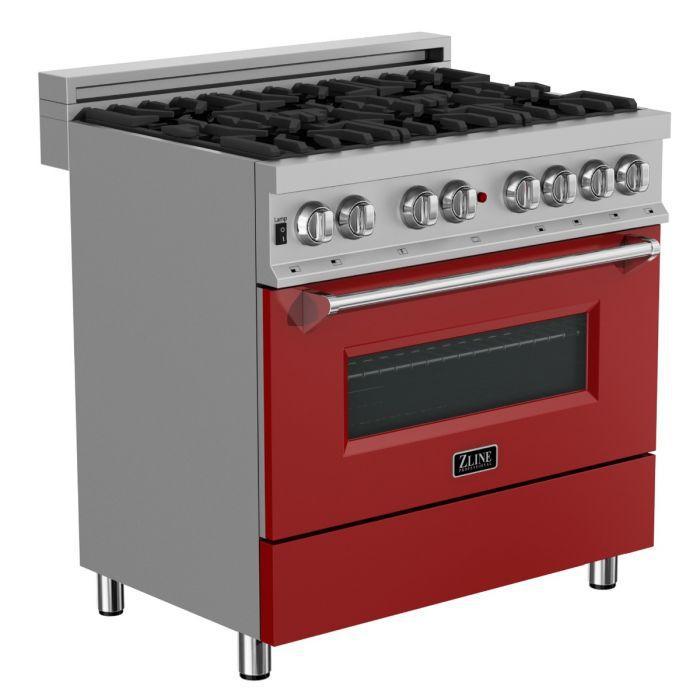 ZLINE 36 in. Legacy Dual Fuel Range, 4.6 cu. ft., 6 Burner Gas Cooktop, Electric Convection Oven, Satin Stainless Steel with Red Matte Door (RAS-RM-36)