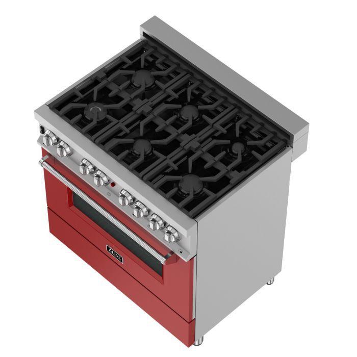 ZLINE 36 in. Legacy Dual Fuel Range, 4.6 cu. ft., 6 Burner Gas Cooktop, Electric Convection Oven, Satin Stainless Steel with Red Matte Door (RAS-RM-36)