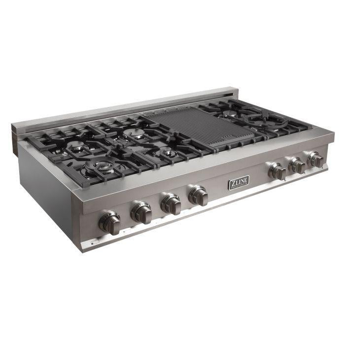ZLINE Appliance Package - 48" Rangetop With 7 Gas Burners, Range Hood in Satin Stainless Steel, 2KP-RTSRH48