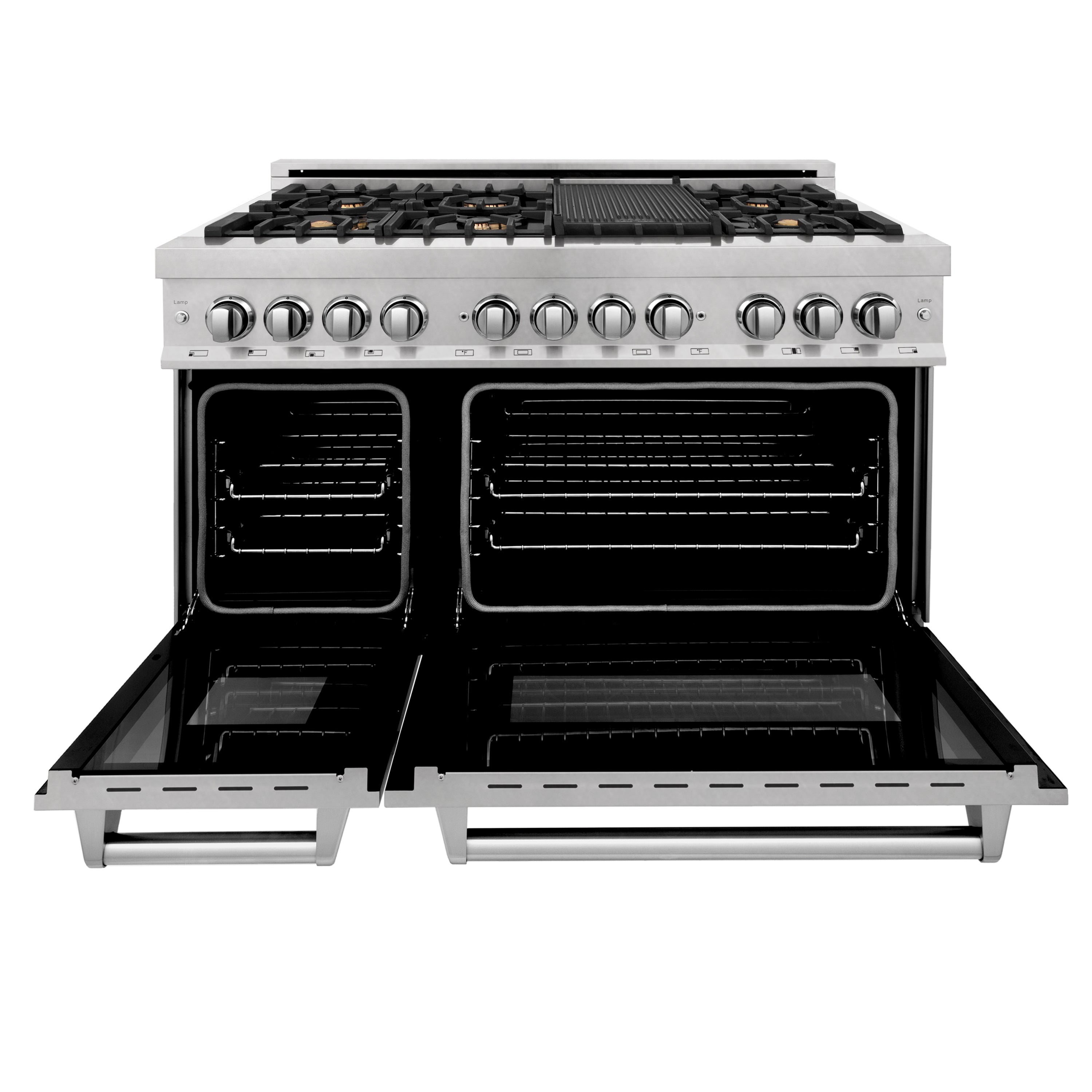 ZLINE 48 in. 6.0 cu. ft. Legacy Dual Fuel Range with 6 Brass Burners and Griddle, 2 Electric Ovens, Satin Stainless Steel (RAS-SN-BR-GR-48)