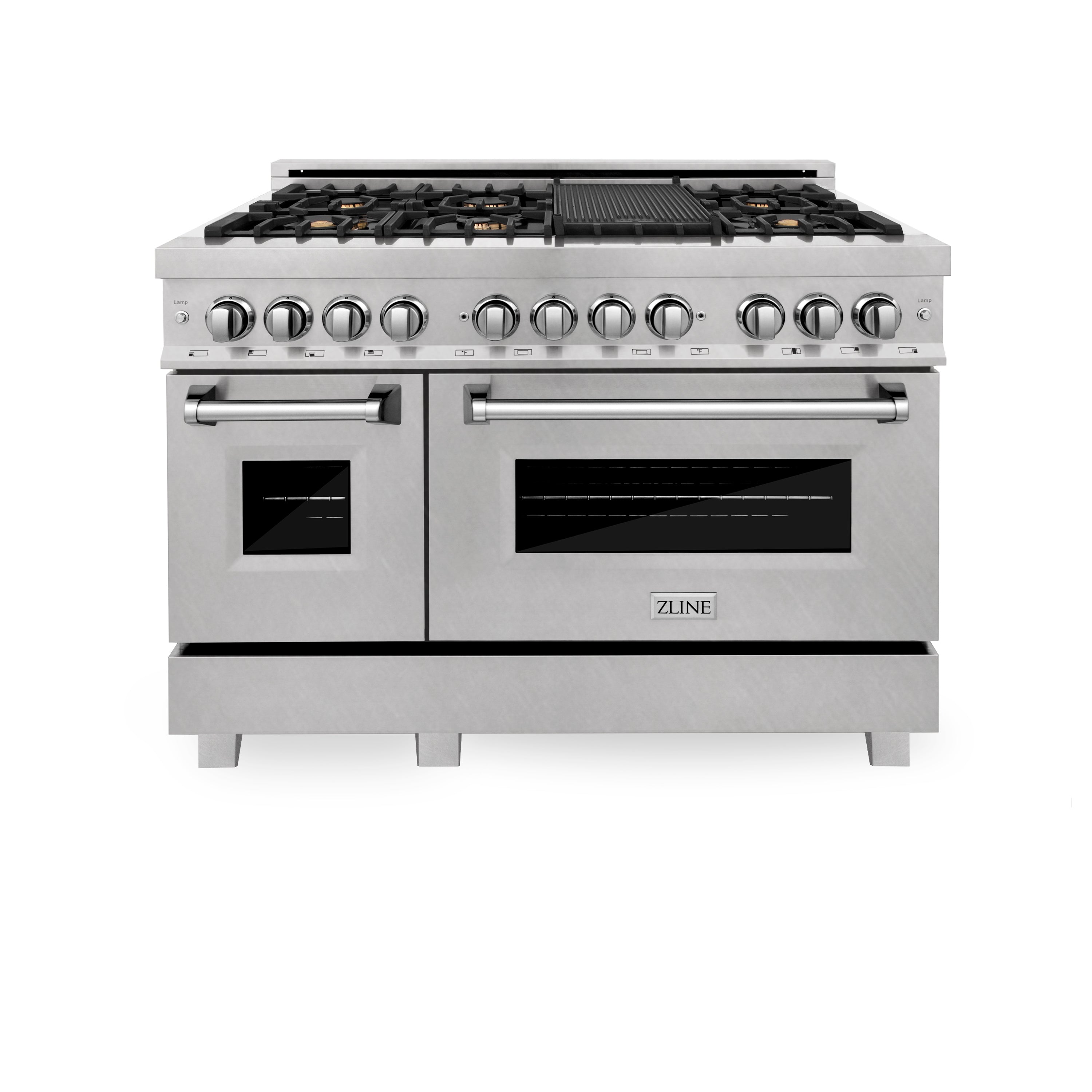 ZLINE 48 in. 6.0 cu. ft. Legacy Dual Fuel Range with 6 Brass Burners and Griddle, 2 Electric Ovens, Satin Stainless Steel (RAS-SN-BR-GR-48)